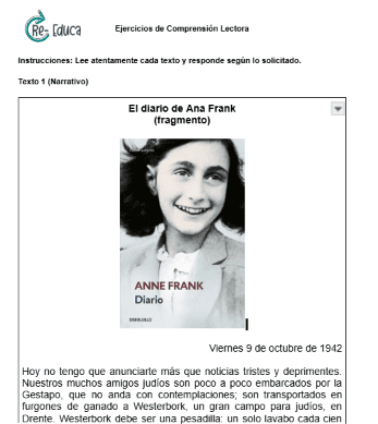 Captura de pantalla del primer ejercicio de comprensión lectora correspondiente a El diario de Ana Frank