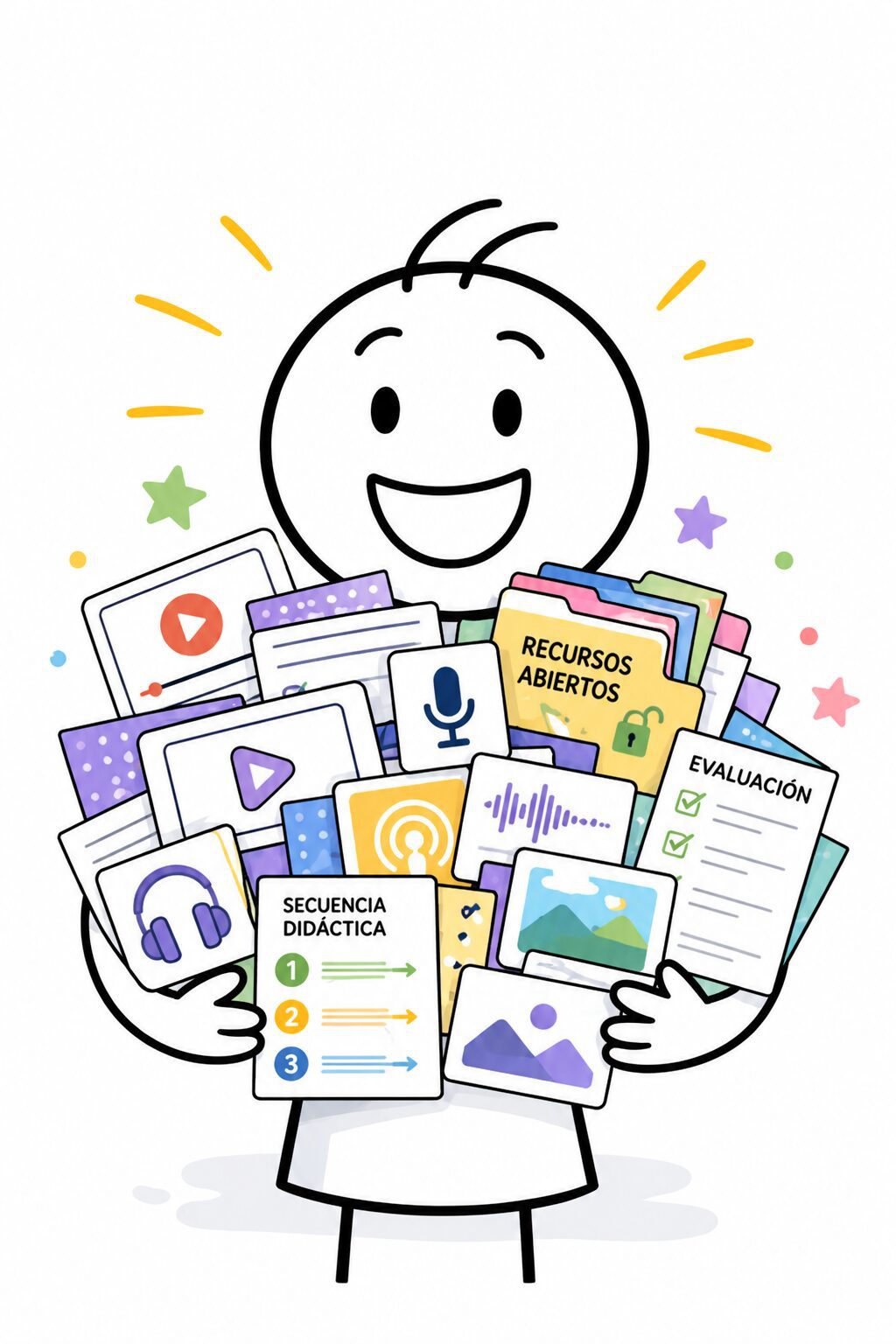 Personaje de Re-Educa con muchos materiales educativos