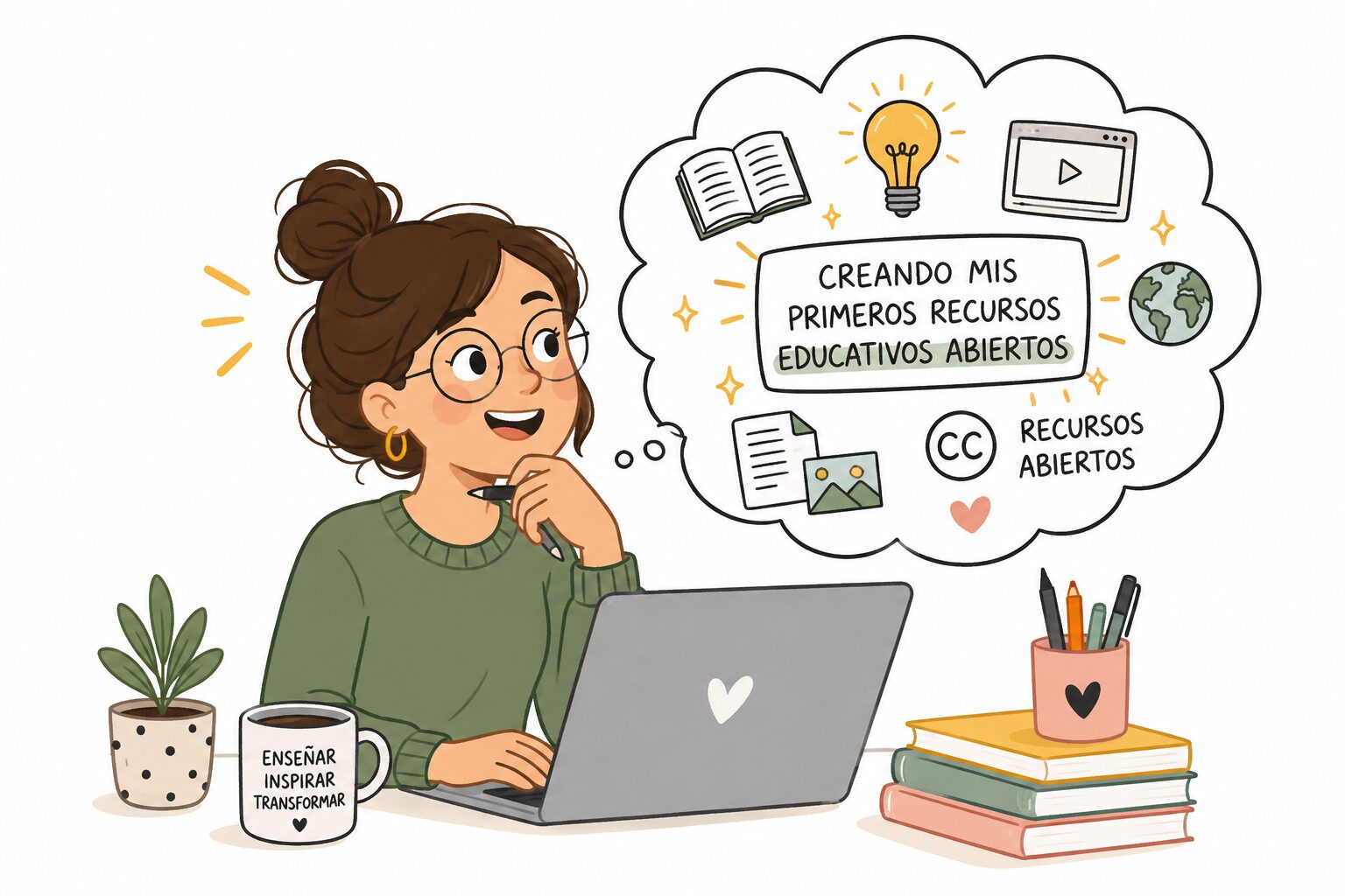 Profesora animada creando material educativo frente a un computador.